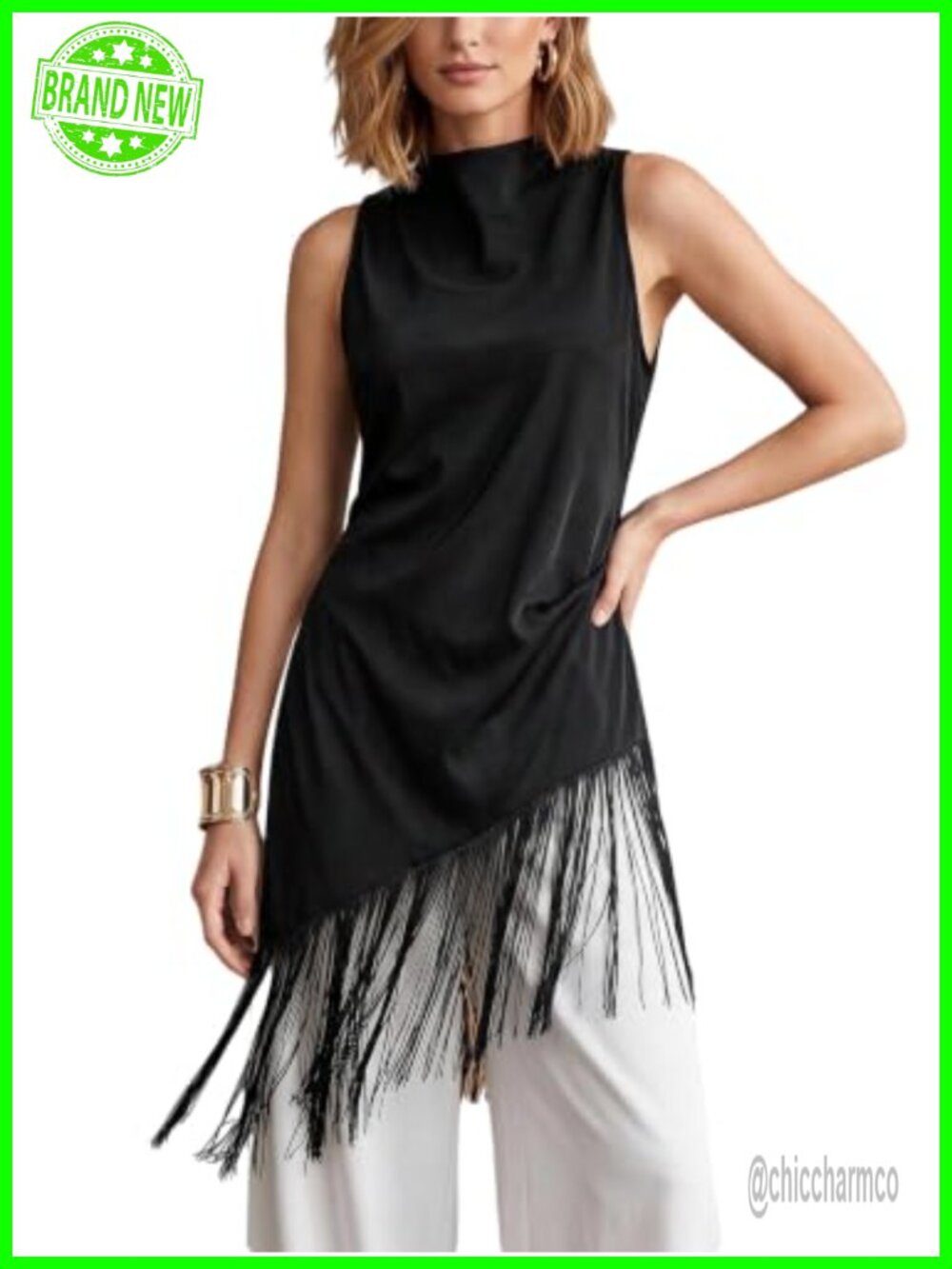 Satin Fringe Long Tank Top Asymmetrical Mock Neck Party Top